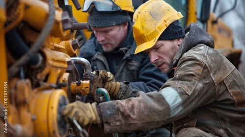 A worker using a specialized tool to replace a faulty hydraulic hose on a bulldozer while his colleague looks on and provides support.