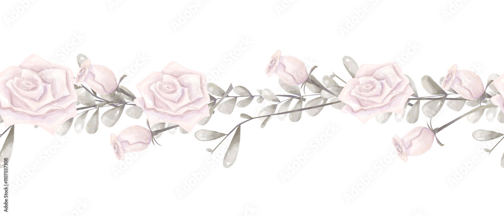 Floral Seamless Border with Pink Roses and Silver Branches with Leaves, Watercolor Digital Illustration for Physical and Web Products, Print and Ribbon Floral Seamless Border with Pink Roses and Silver Branches with Leaves, Watercolor Digital Illustration for Physical and Web Products, Print and Ribbon