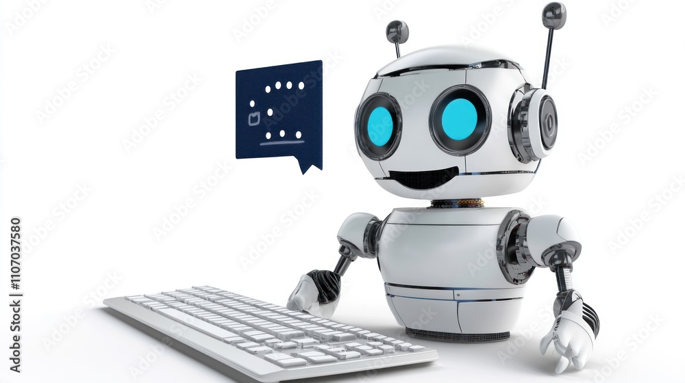 Adorable Robot Assistant Typing on Keyboard