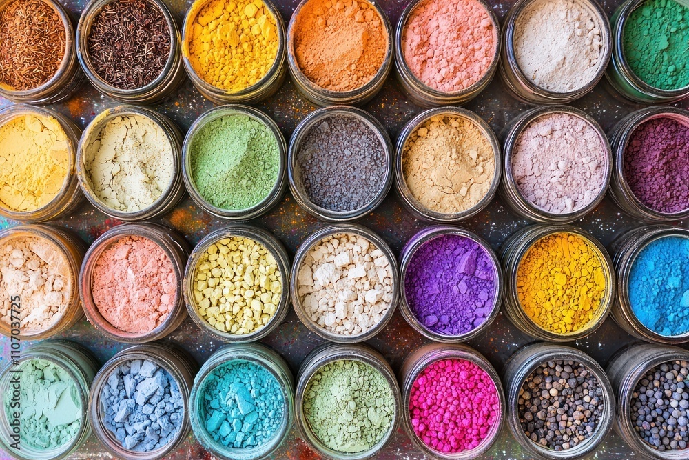 Naklejka premium A Collection of Colorful Powders in Glass Jars