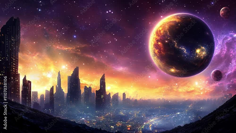 Futuristic Cityscape with a Giant Planet and Starry Sky Futuristic Cityscape with a Giant Planet and Starry Sky