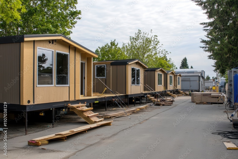 Modern Prefab Tiny Houses on Display in Urban Setting with Wooden Steps and Green Trees Under Cloudy Sky