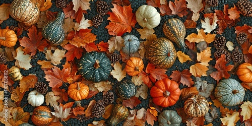 A patterned background with various autumn elements, like gourds and leaves, arranged in a visually appealing way. photo