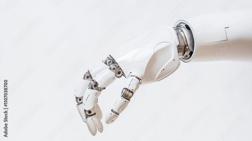 A close-up of a robot's hand in white background, macro shot, Minimalist style A close-up of a robot's hand in white background, macro shot, Minimalist style