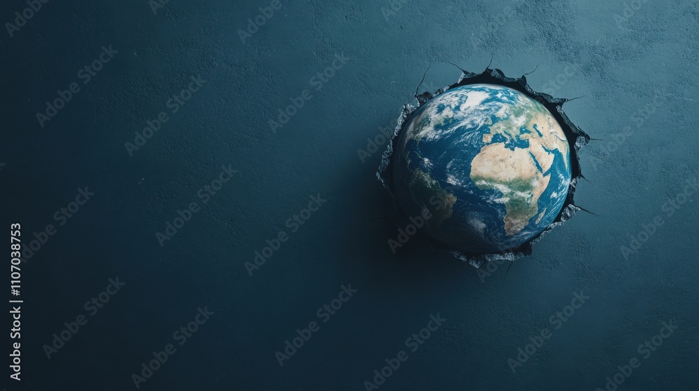 Fototapeta premium A view of Earth through a cracked cosmic lens, depicting fragility amid space and climate crises