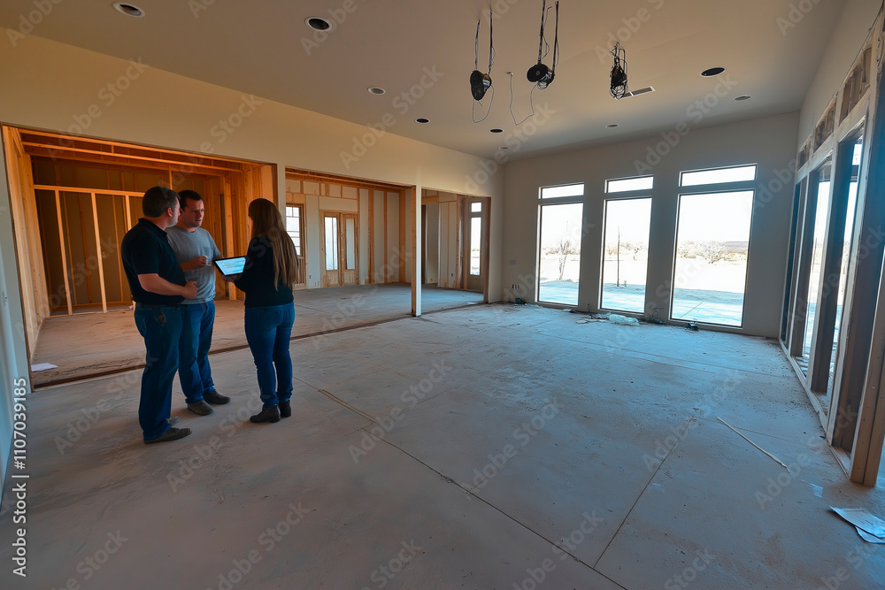 Couple discussing home layout with an agent during construction Couple discussing home layout with an agent during construction