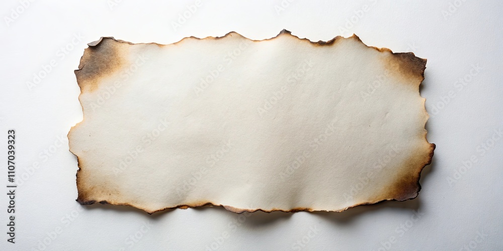 A singed rectangular piece of paper with a charred border rests on a plain white background A singed rectangular piece of paper with a charred border rests on a plain white background