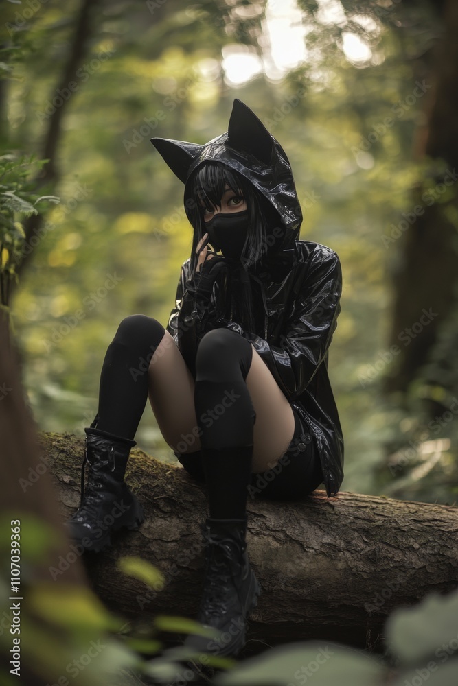Naklejka premium Quadrobics. A person dressed in a black hooded outfit with cat ears sits on a fallen log surrounded by lush greenery. The dim lighting creates an enigmatic atmosphere