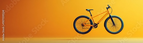 Yellow bicycle that is hanging from the wall, space for text photo