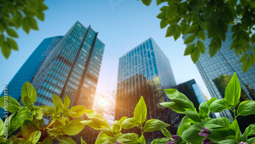 Corporate ESG reporting and nature awareness concept with green elements and business buildings. Copy space for text. Skyscrapers and fresh green
 photo