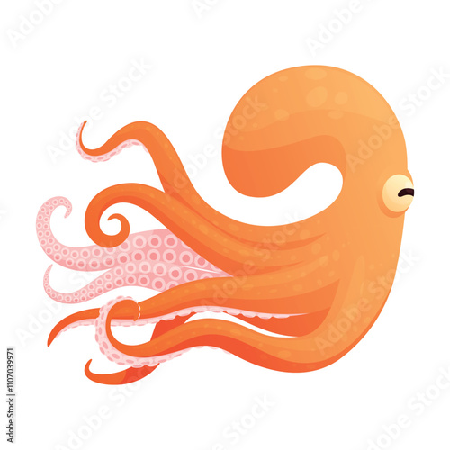 A cartoon octopus swimming gracefully in a bright orange coloring with detailed tentacles and a friendly look
