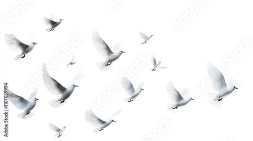 Flock of doves soaring gracefully through the clear blue sky