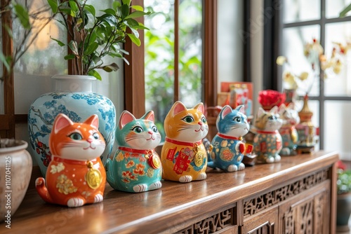 festive chinese decorations, colorful chinese new year decorations including lucky cats and red envelopes adorn a wooden sideboard, adding festive charm photo