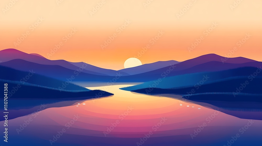 Serene Sunset Over Mountain Lake, with Silhouetted Peaks and Tranquil Reflection Serene Sunset Over Mountain Lake, with Silhouetted Peaks and Tranquil Reflection