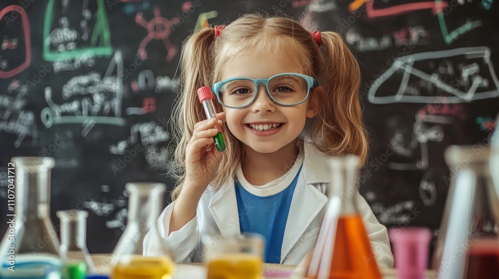 A cheerful young girl wearing glasses and a lab coat is holding a test tube, smiling while surrounded by various colored beakers. The classroom background features math and science equations A cheerful young girl wearing glasses and a lab coat is holding a test tube, smiling while surrounded by various colored beakers. The classroom background features math and science equations