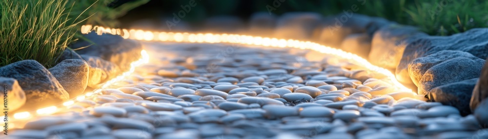 Fototapeta premium Enchanting outdoor decor with a glowing white pebble path, elegantly bordered for a magical ambiance at night.