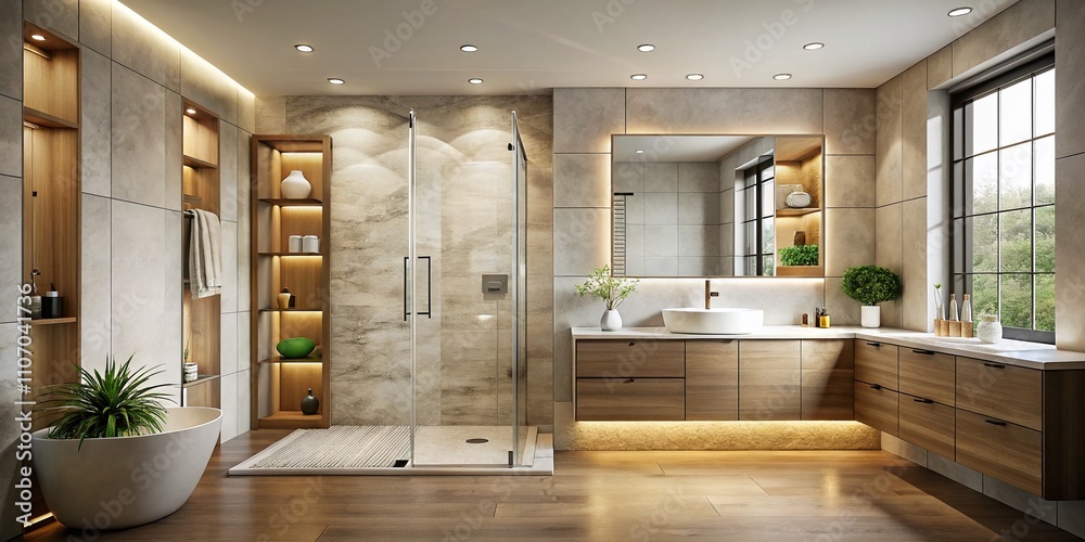 Modern Minimalist Bathroom with Walk-In Shower and Elegant Vanity in Neutral Tones, Emphasizing Clean Lines and Serenity for a Relaxing Atmosphere Modern Minimalist Bathroom with Walk-In Shower and Elegant Vanity in Neutral Tones, Emphasizing Clean Lines and Serenity for a Relaxing Atmosphere