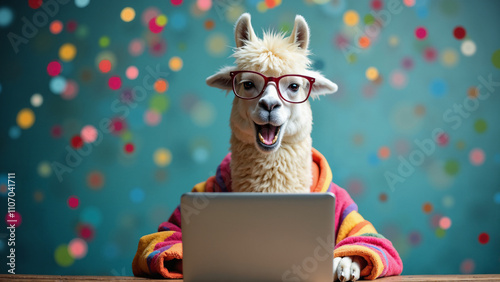 Quirky Llama in Colorful Robe Using Laptop Amidst Confetti: Perfect for Tech Humor or Celebration Themes photo