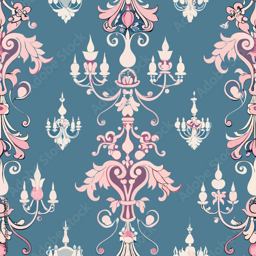 Elegant chandelier seamless repeat pattern design with intricate floral details and soft colors