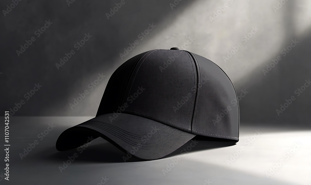 A Black Baseball Cap Rests on a Gray Surface A Black Baseball Cap Rests on a Gray Surface
