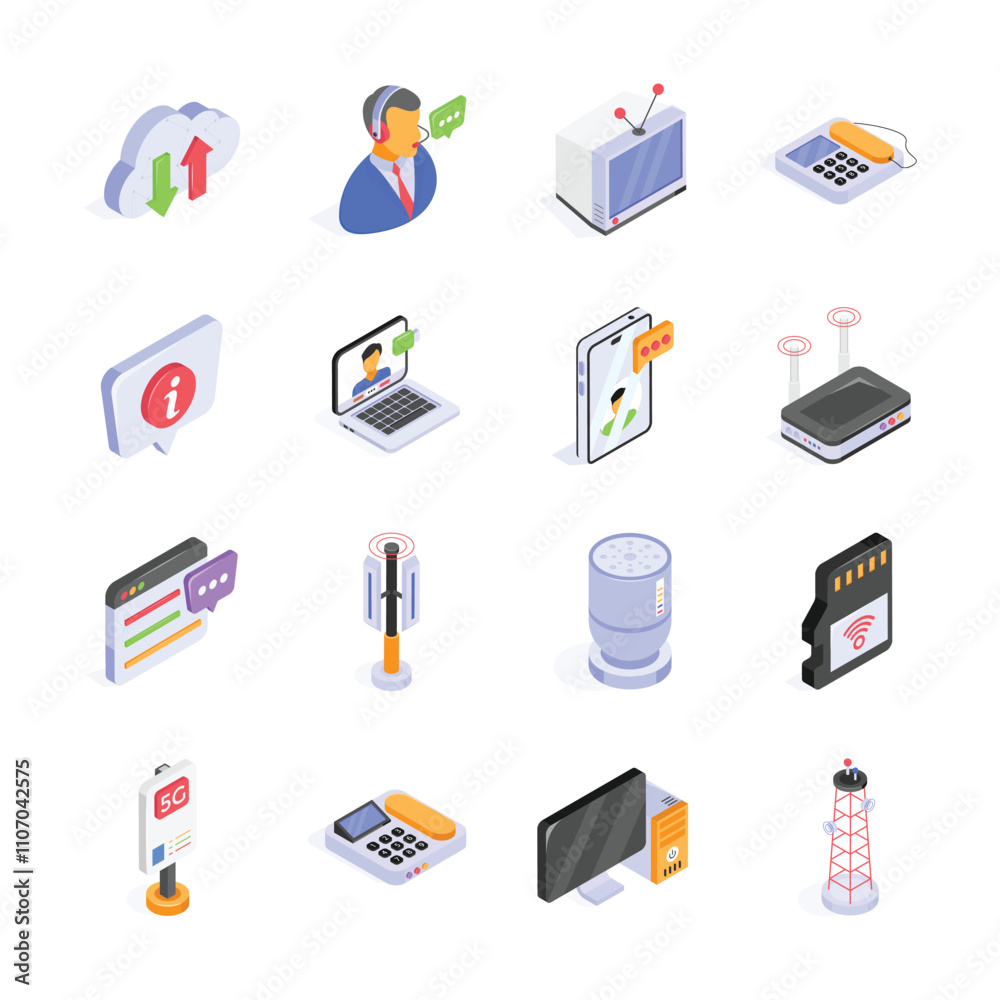 This image features a collection of isometric icons, depicting various modern communication and technology tools. This image features a collection of isometric icons, depicting various modern communication and technology tools.