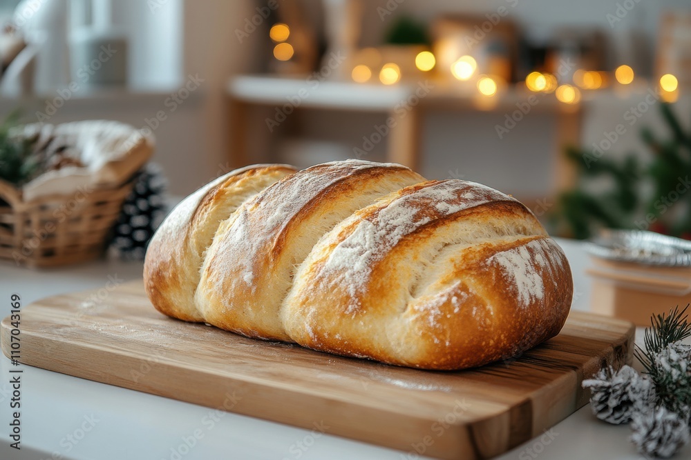 holiday baking concept, freshly baked bread on a wooden board in a modern kitchen, decorated for winter holidays, with space for text holiday baking concept, freshly baked bread on a wooden board in a modern kitchen, decorated for winter holidays, with space for text