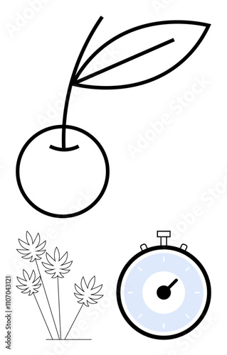 Cherry with leaves stopwatch and flower cluster. Ideal for time, nature, agriculture, growth, simplicity, minimalism, efficiency themes. Line metaphor