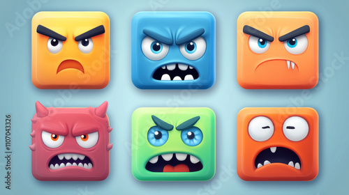 Abstract square monster face avatar with emotions cartoon vector set. Bored, cute, upset and angry alien mood expression of game mascot. Comic user emotional ui collection for chat app.