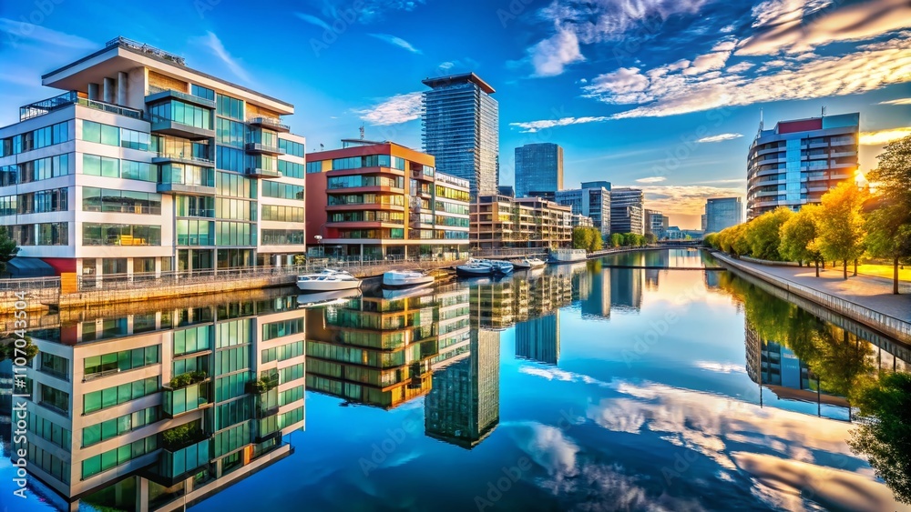 Fototapeta premium Modern Residential Architecture at Westhafen Pier in Frankfurt am Main Showcasing Innovative Design and Urban Living with Scenic Waterfront Views and Contemporary Aesthetics