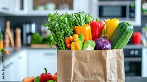 Fresh Produce in a Brown Paper Bag on a Kitchen Countertop