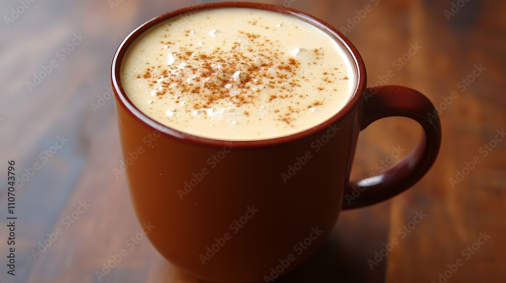 99. A creamy spiced eggnog served in a festive mug with nutmeg garnish 99. A creamy spiced eggnog served in a festive mug with nutmeg garnish