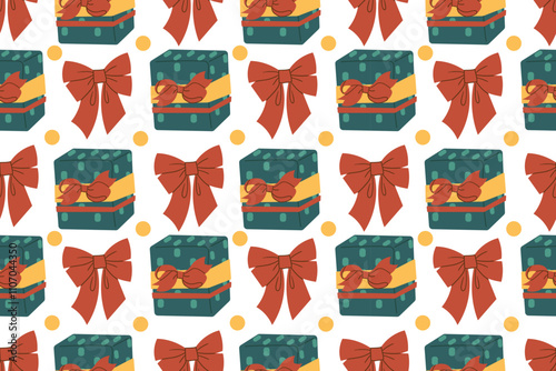 Seamless pattern from Christmas gifts, festive bright gift box can be repeated and scaled in any size . Doodle cartoon style illustration for fabric or paper design.
