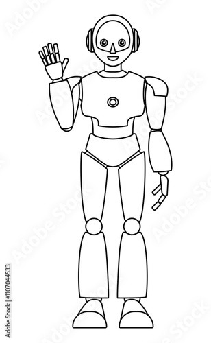 シンプルなアンドロイド型ロボットの全身イラスト（モノクロ）