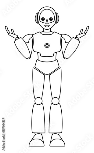シンプルなアンドロイド型ロボットの全身イラスト（モノクロ）