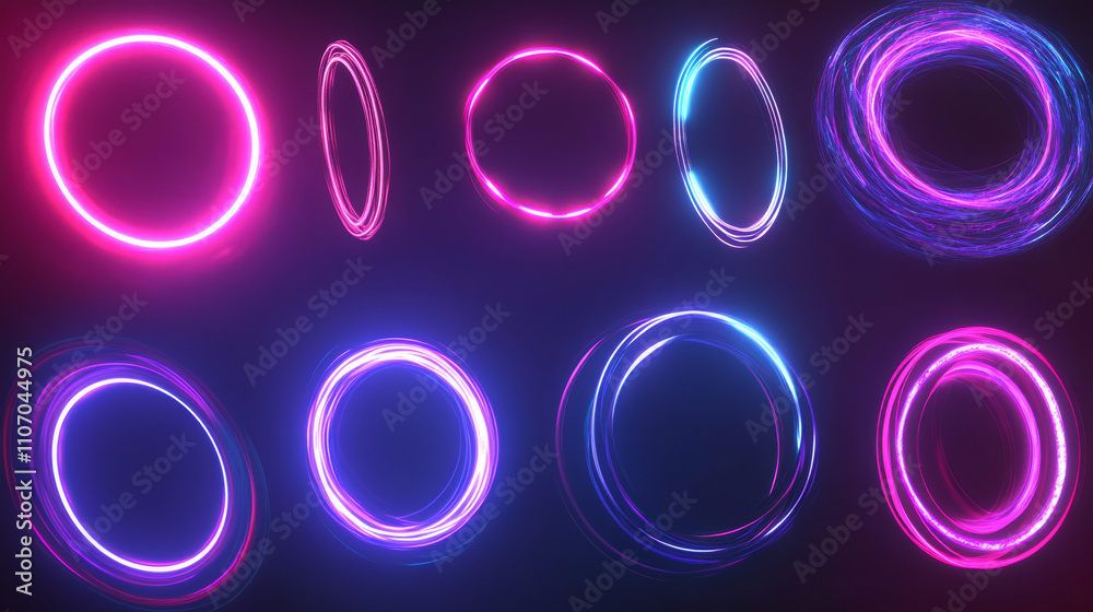 Neon light circle halo with overlay effect on transparent background. Realistic 3d vector illustration set of glow ring and vortex. abstract circular bright flare with sparkle. Luminous radial portal. Neon light circle halo with overlay effect on transparent background. Realistic 3d vector illustration set of glow ring and vortex. abstract circular bright flare with sparkle. Luminous radial portal.