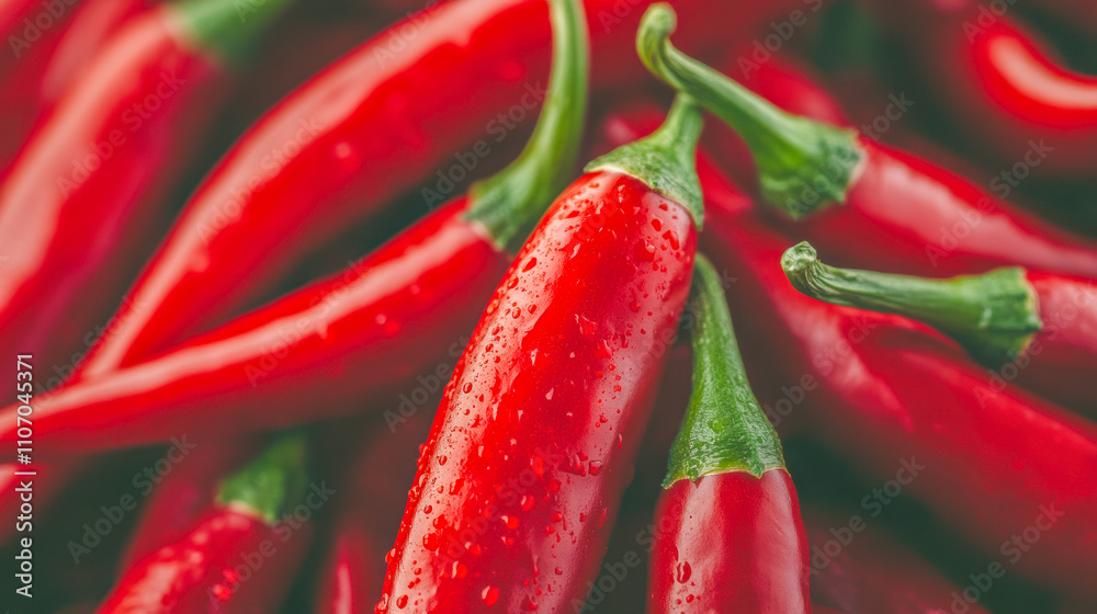 Fresh Red Chili Peppers with Water Droplets Highlighting Vibrant Color Fresh Red Chili Peppers with Water Droplets Highlighting Vibrant Color