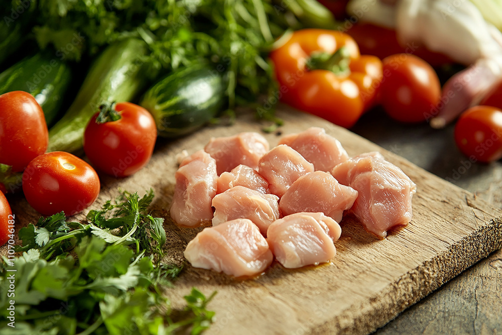 Chicken cubes on wooden board with vegetables generated.AI Chicken cubes on wooden board with vegetables generated.AI