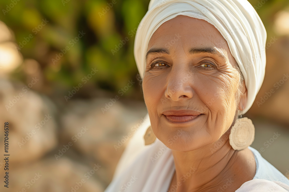 Serene portrait of mature Hispanic female in natural sunlight Serene portrait of mature Hispanic female in natural sunlight