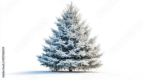 A decorated Christmas tree with a star on top and snowy branches isolated on a white background