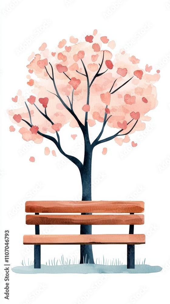 A serene illustration of a wooden bench under a blooming tree with pink leaves, evoking a peaceful outdoor setting. A serene illustration of a wooden bench under a blooming tree with pink leaves, evoking a peaceful outdoor setting.