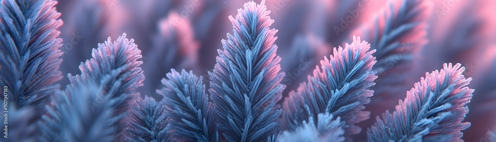 Fototapeta premium Abstract Frost-Covered Branches, A Digital Artwork of Delicate, Blue and Pink Hues, Showcasing the Intricate Details of Nature's Frozen Beauty.