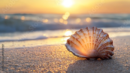 Seashell on a Sandy Beach at Sunset