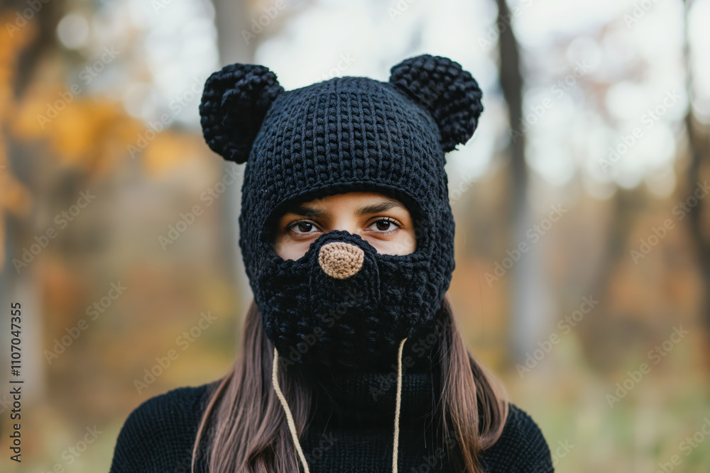 Young Caucasian female wearing a bear themed knitted hat in autumn forest Young Caucasian female wearing a bear themed knitted hat in autumn forest