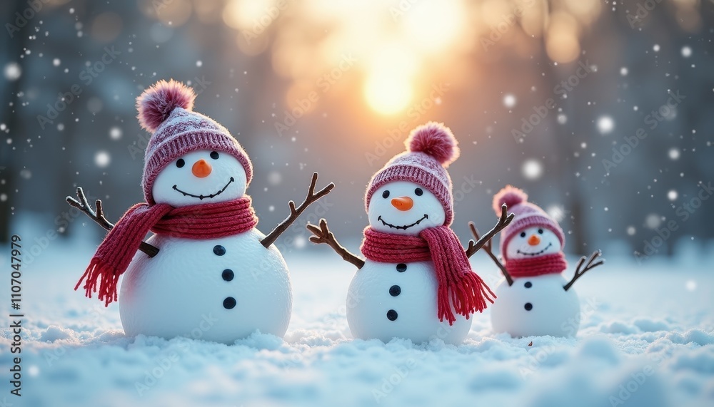 Snowman family dressed in matching scarves and hats in a playful winter setting. Snowman family dressed in matching scarves and hats in a playful winter setting.