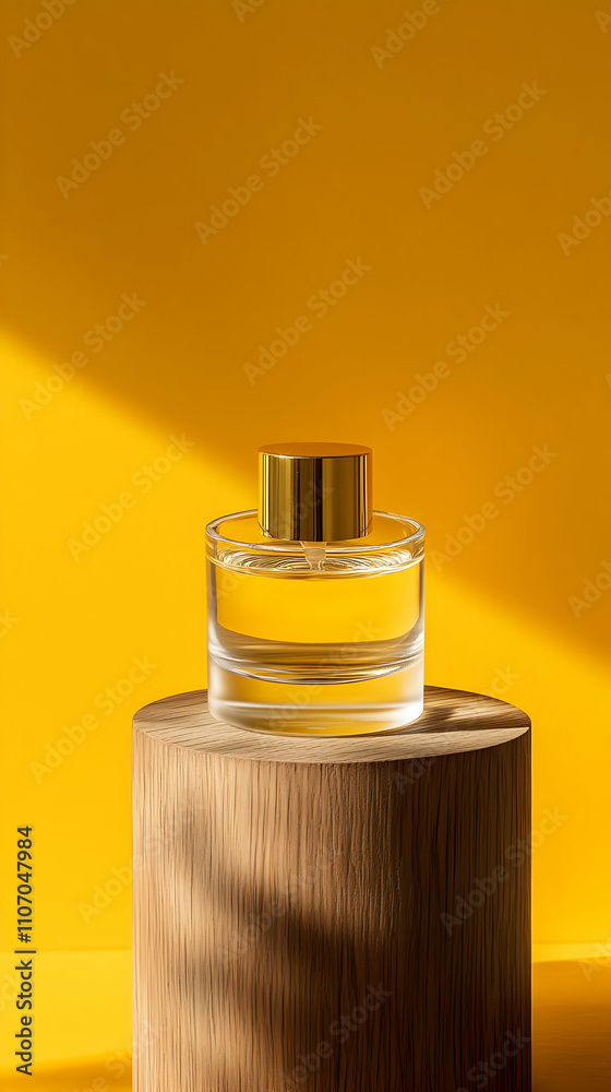 Glass Perfume Bottle with Gold Cap on Wooden Display, Illuminated by Sunlight Against Yellow Background Glass Perfume Bottle with Gold Cap on Wooden Display, Illuminated by Sunlight Against Yellow Background