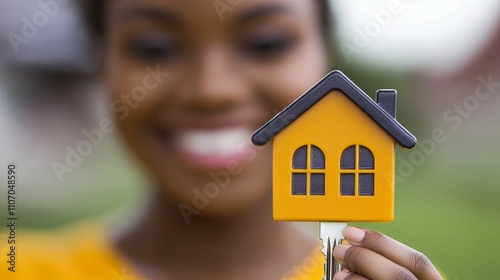 Woman holding house key happy new home owner