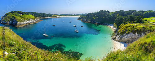 Coastal Bay with Sailboats and Lush Green Hills, A Picturesque Summer Seascape