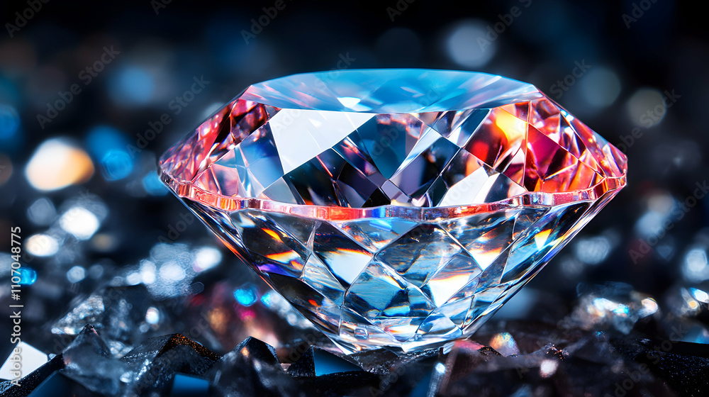 Brilliant Gemstone, A Dazzling Diamond Rests on Dark Crystals, Illuminated with Vibrant Hues Brilliant Gemstone, A Dazzling Diamond Rests on Dark Crystals, Illuminated with Vibrant Hues