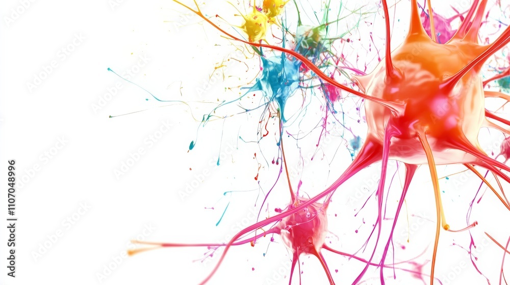 A colorful depiction of neurons firing in the brain, set against a stark white background, Abstract style A colorful depiction of neurons firing in the brain, set against a stark white background, Abstract style