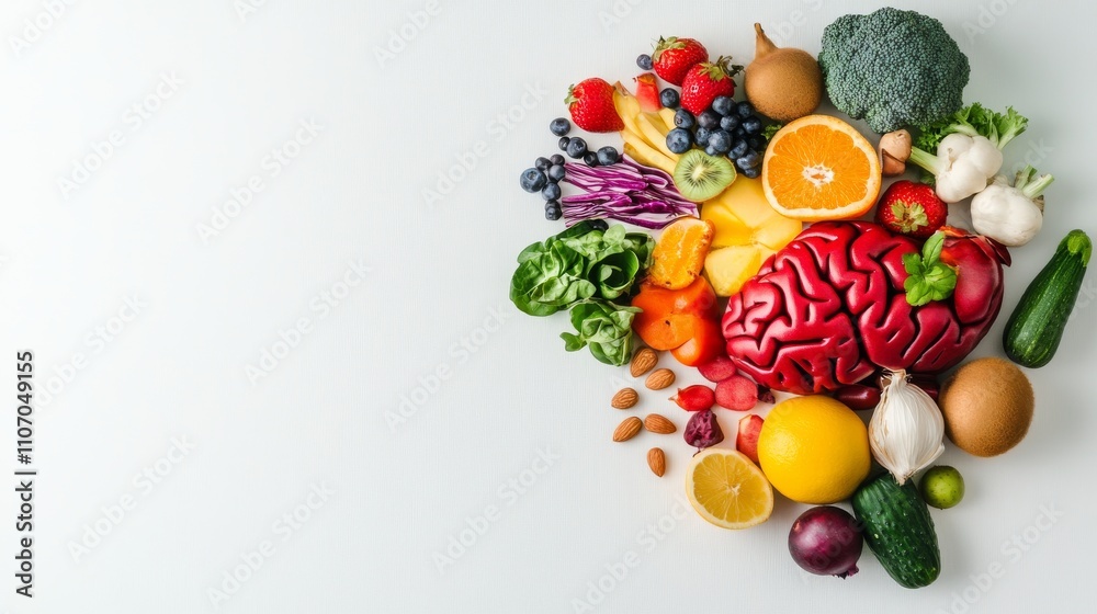 A combination of a brain and colorful fruits and vegetables on a white background, symbolizing the impact of nutrition on brain health, Surrealism style A combination of a brain and colorful fruits and vegetables on a white background, symbolizing the impact of nutrition on brain health, Surrealism style